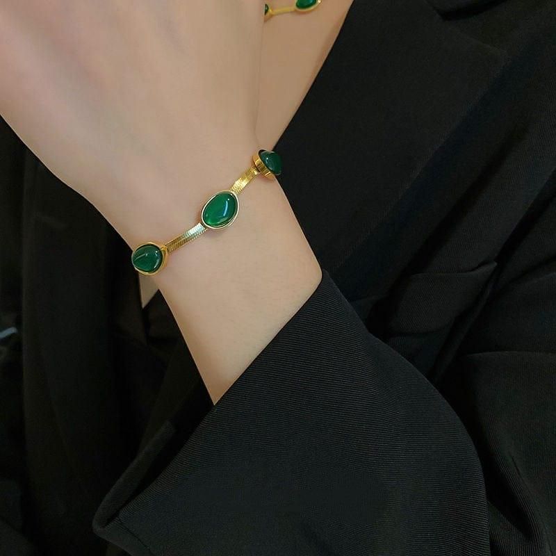 Oval Green Crystal Pendant Necklace + Free Bracelet